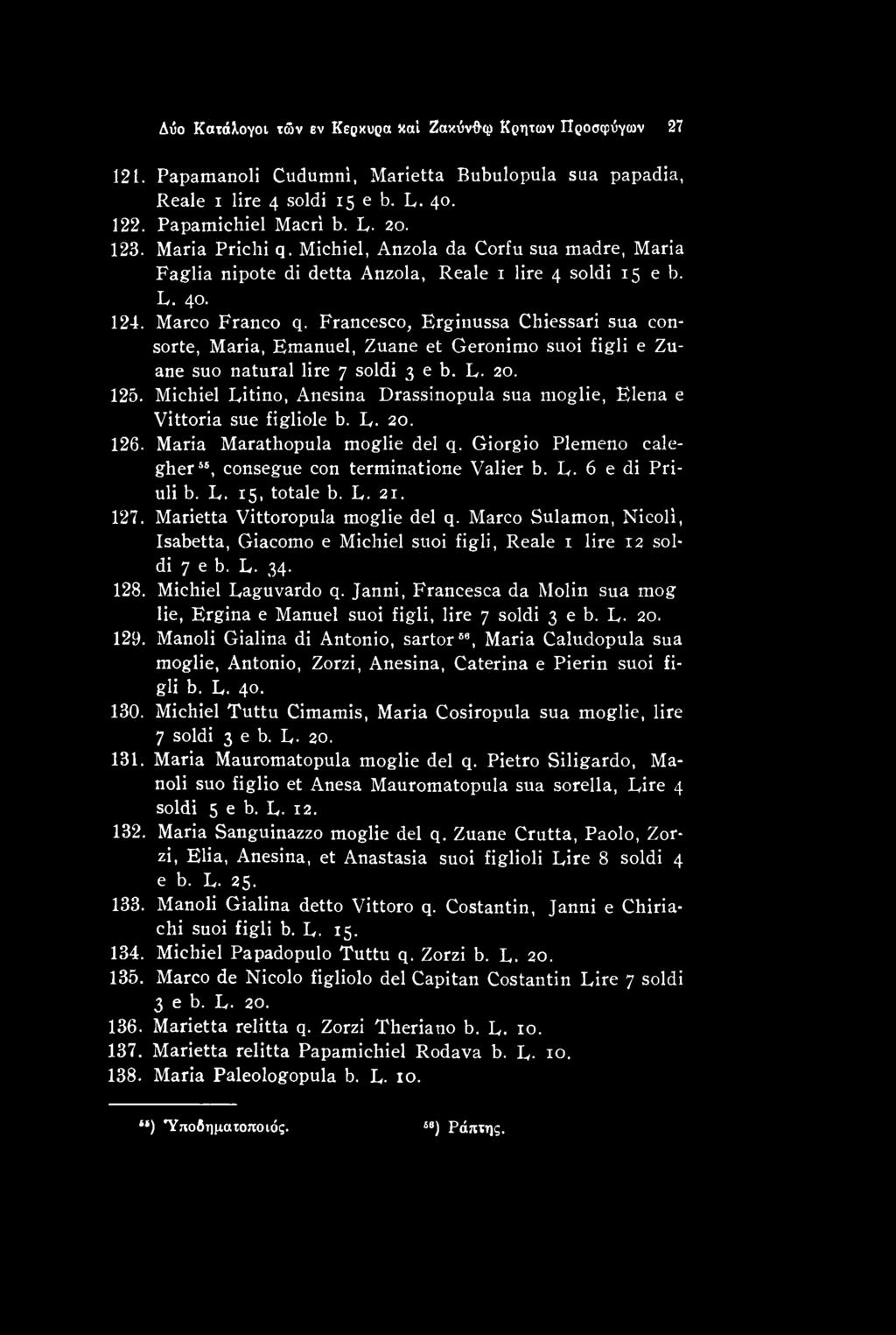 R. 15, totale b. R. 21. 127. Marietta Vittoropula moglie del q. Marco Sulamon, Nicoli, Isabetta, Giacomo e Michiel suoi figli, Reale 1 lire 12 soldi 7 e b. R. 34. 128. Michiel Raguvardo q.