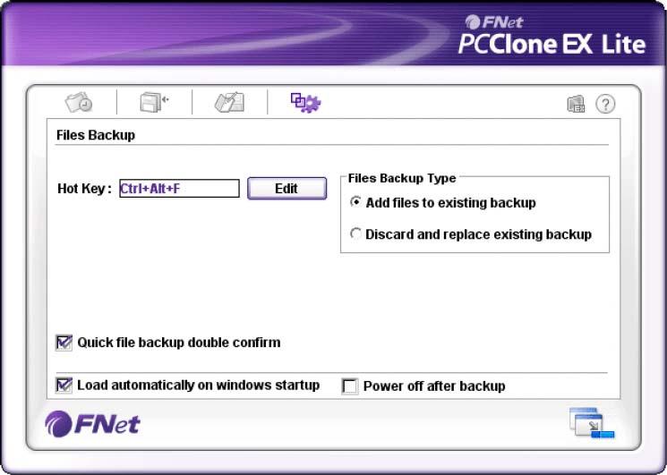 Hot Key File Backup Type Quick file backup Confirmation Start program on Window Startup Turn off computer after backup Όταν κάνετε κλικ στο κουμπί edit (επεξεργασία), θα αναδυθεί ένα πλαίσιο διαλόγου