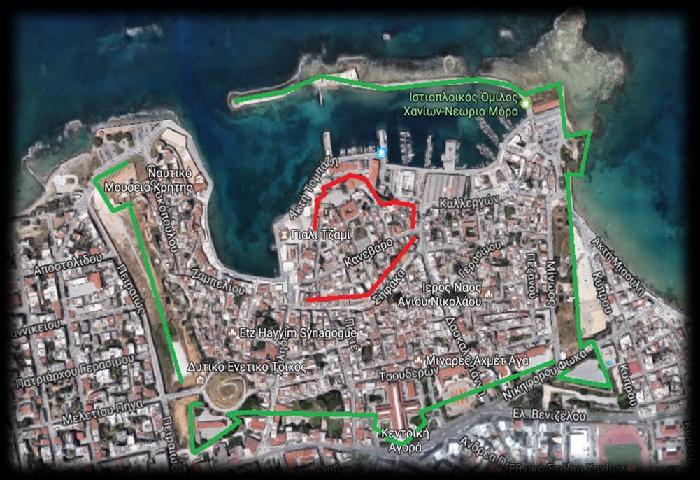 Ε A Δ B Γ Εικόνα 2: Επεξεργασία δορυφορικής εικόνας μέσω Google maps του κέντρου των Χανίων σήμερα με υπογράμμιση στου Ενετικού και Βυζαντινού τείχους.