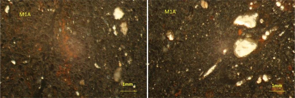 Εικόνα 53: Φωτογραφίες Στιλπνής τομής από οπτικό μικροσκόπιο του δείγματος Μ1Α Κονίαμα Χρώμα Αδρανή Πίνακας 1: Συγκεντρωτικός πίνακας με τα στοιχεία του Μ1Α Μ1Α Μαύρο Θαλάσσια άμμος, θραυσμένο