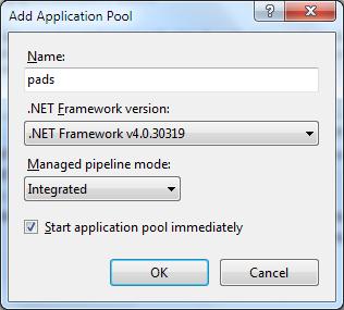 Εικόνα Β-6: Παράθυρο Application Pool Στο σημείο αυτό πρέπει να εισάγουμε τα δεδομένα που φαίνονται στην πιο πάνω εικόνα και να πατήσουμε την επιλογή OK έτσι ώστε να