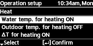Μενού Μενού Για τον εγκαταστάτη Προεπιλεγμένη ρύθμιση Επιλογές ρυθμίσεων / Οθόνη 6.1 Heat (Θέρμανση) Για ρύθμιση διάφορων θερμοκρασιών νερού και περιβάλλοντος για θέρμανση. Water temp.