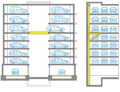 Multiparker (structura din beton fără paleţi) sistem automat de parcare, pentru 50 până la 300 de autoturisme, construit ca un depozit pe verticală din beton disponibil în varianta turn, puţ sau