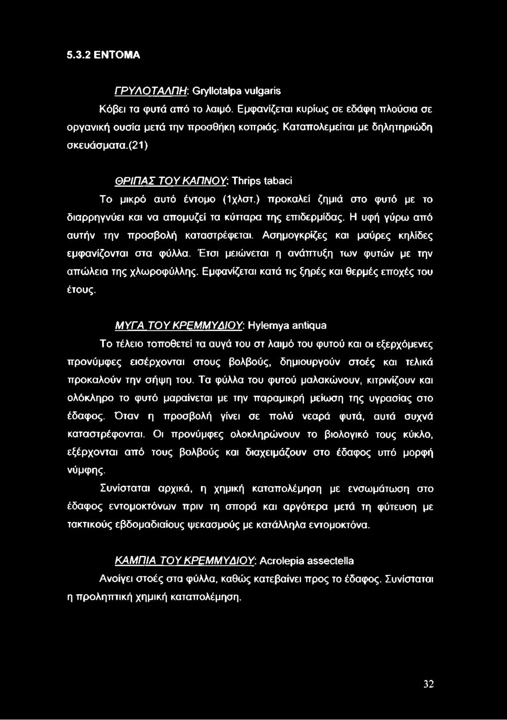 Η υφή γύρω από αυτήν την προσβολή καταστρέφεται. Ασημογκρίζες και μαύρες κηλίδες εμφανίζονται στα φύλλα. Έτσι μειώνεται η ανάπτυξη των φυτών με την απώλεια της χλωροφύλλης.