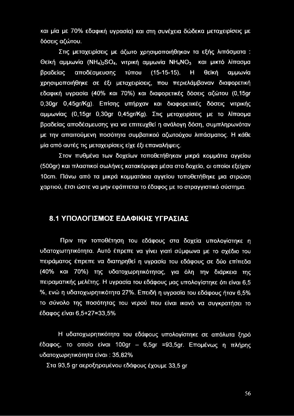 Η θεϊκή αμμωνία χρησιμοποιήθηκε σε έξι μεταχειρίσεις, που περιελάμβαναν διαφορετική εδαφική υγρασία (40% και 70%) και διαφορετικές δόσεις αζώτου (0,15ρτ Ο,ΘΟρΓ 0,45ρΓ/Κ9).