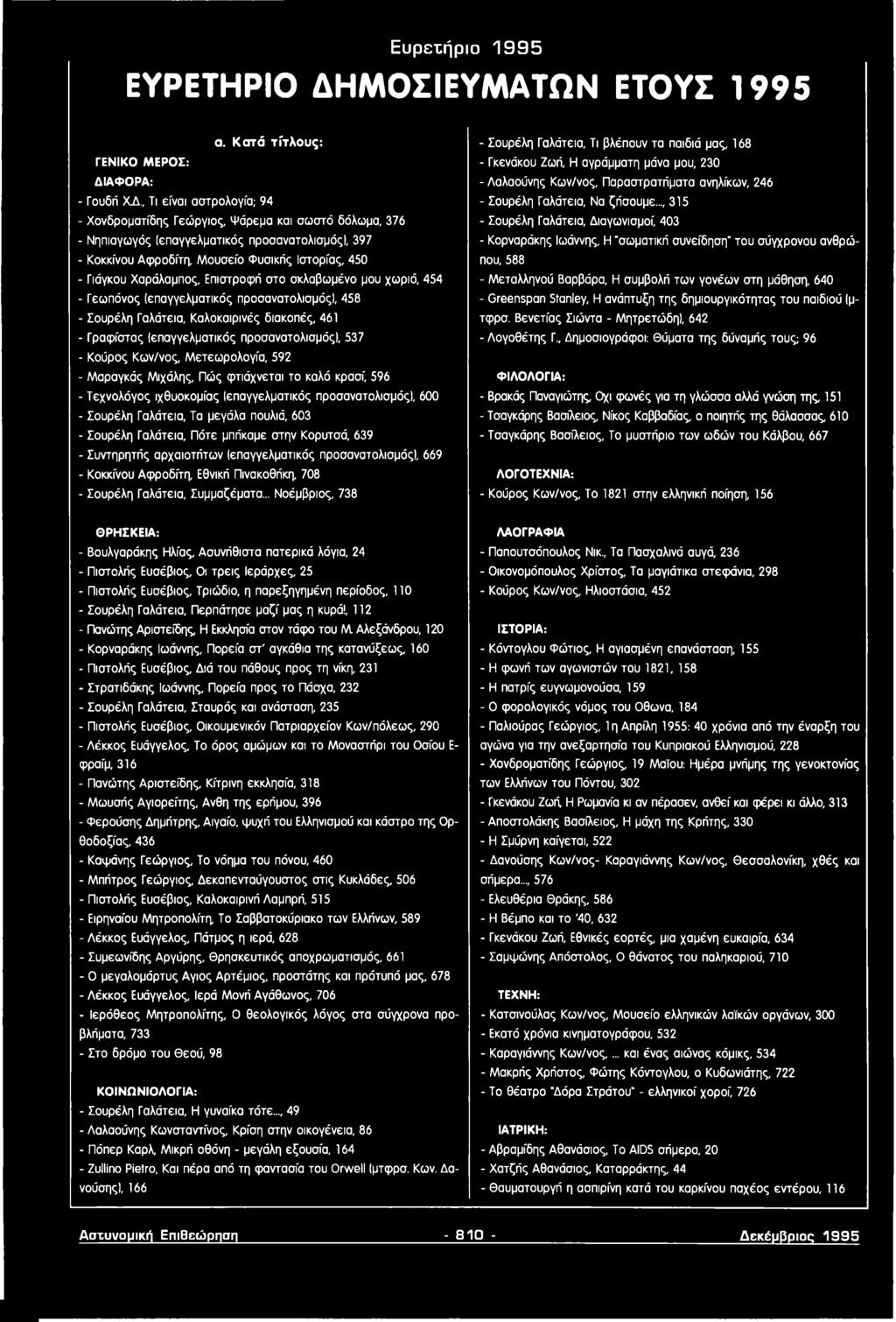 Αφροδίτη, Μουσείο Φυσικής Ιστορίας, 450 - Γιόγκου Χαράλαμπος, Επιστροφή στο σκλαβωμένο μου χωριό, 454 - Γεωπόνος (επαγγελματικός προσανατολισμός!