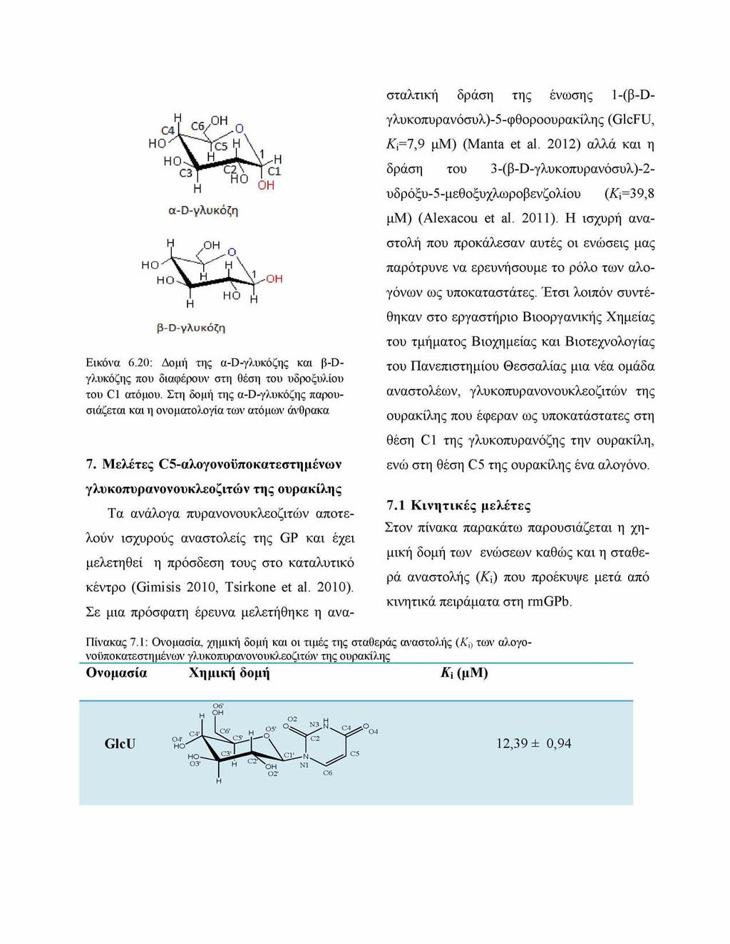 Εικόνα 6.20: Δομή της a-d-γλυκόζης και β-dγλυκόζης που διαφέρουν στη θέση του υδροξυλίου του C1 ατόμου. Στη δομή της a-d-γλυκόζης παρουσιάζεται και η ονοματολογία των ατόμων άνθρακα 7.