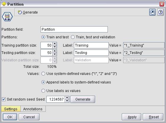 Εικόνα: Creating a partition in the data Μετά το τέλος της διαδικασίας διαχωρισμού (partition) του συνόλου των δεδομένων προχωρούμε στο επόμενο βήμα που είναι η τοποθέτηση στο stream canvas ενός