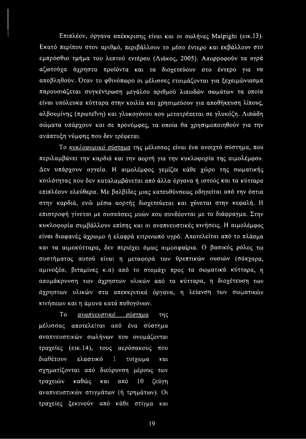 Όταν το φθινόπωρο οι μέλισσες ετοιμάζονται για ξεχειμώνιασμα παρουσιάζεται συγκέντρωση μεγάλου αριθμού λιπωδών σωμάτων τα οποία είναι υπόλευκα κύτταρα στην κοιλία και χρησιμεύουν για αποθήκευση