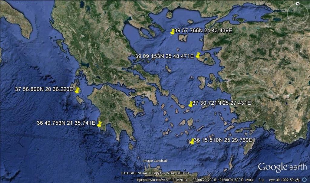 Χάρτης 3.1 Τοποθεσία των υπό μελέτη σταθμών Τοποθεσία Σταθμού Γεωγραφικό πλάτος Γεωγραφικό μήκος Βάθος σε m Άθως 39º 57'.766N 24º 43'.439E 214 Λέσβος 39º 09'.153N 25º 48'.471E 128 Μύκονος 37º 30'.