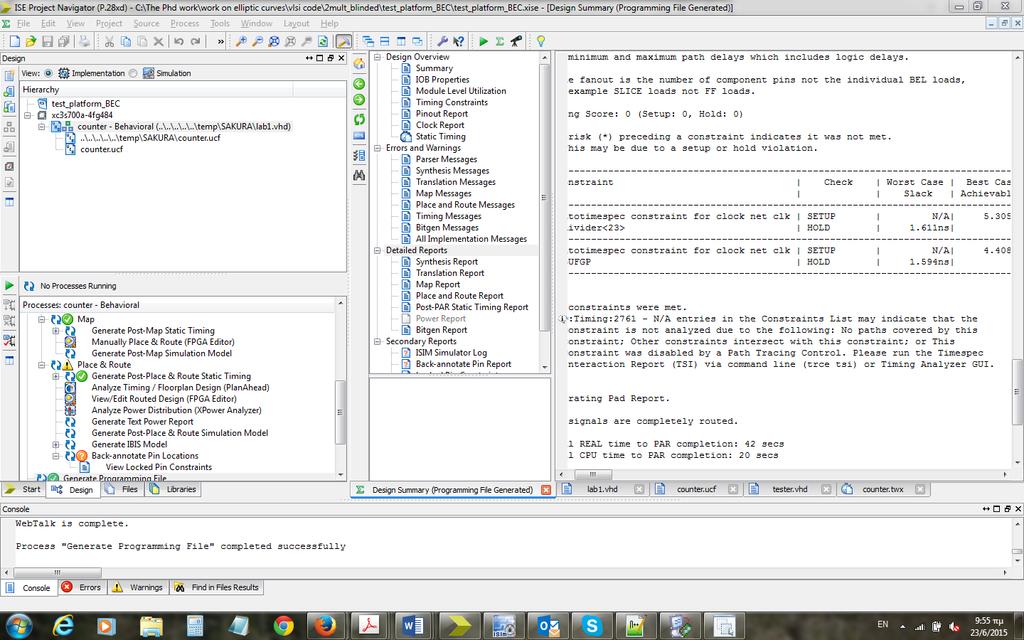 Να καταγράψετε από τα synthesis report και Place and Route Report καθώς και Post-PAR Static Timing Report τις τιμές της μέγιστης ταχύτητας λειτουργίας όπως προκύπτει από την ελάχιστη περίοδο