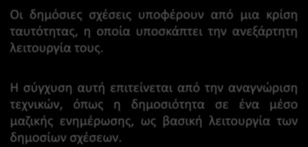 Ειςαγωγή (4 από 4) Οι δθμόςιεσ ςχζςεισ υποφζρουν από μια κρίςθ ταυτότθτασ, θ οποία υποςκάπτει τθν ανεξάρτθτθ λειτουργία τουσ.