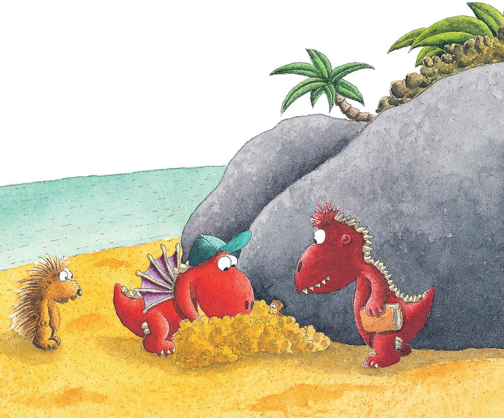 «Κάτι βρήκα!» φωνάζει. Και πράγματι: βαθιά μέσα από την άμμο, κάτω από τον βράχο, ο μικρός δράκος βγάζει ένα πήλινο βάζο κλεισμένο με φελλό.
