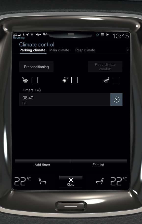 01 ΠΡΟΚΑΤΑΡΚΤΙΚΌΣ ΚΛΙΜΑΤΙΣΜΌΣ Μπορείτε να ρυθμίσετε τον προκαταρκτικό κλιματισμό από την κεντρική οθόνη του αυτοκινήτου και μέσω της εφαρμογής για κινητά τηλέφωνα Volvo On Call*.