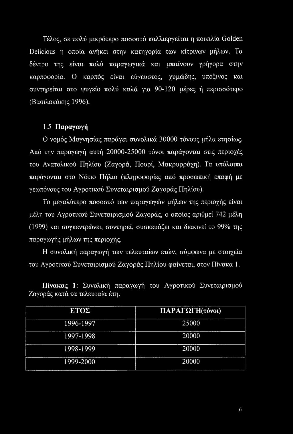 Από την παραγωγή αυτή 20000-25000 τόνοι παράγονται στις περιοχές του Ανατολικού Πηλίου (Ζαγορά, Πουρί, Μακρύρράχη).