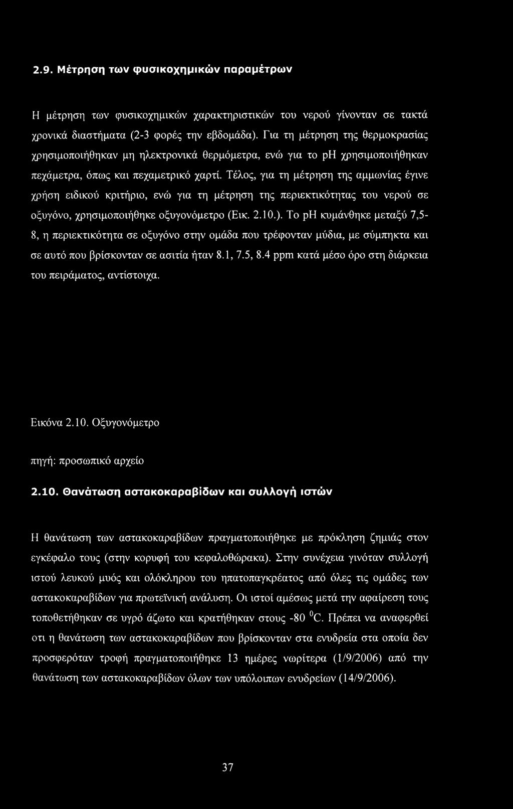 Τέλος, για τη μέτρηση της αμμωνίας έγινε χρήση ειδικού κριτήριο, ενώ για τη μέτρηση της περιεκτικότητας του νερού σε οξυγόνο, χρησιμοποιήθηκε οξυγονόμετρο (Εικ. 2.10.).
