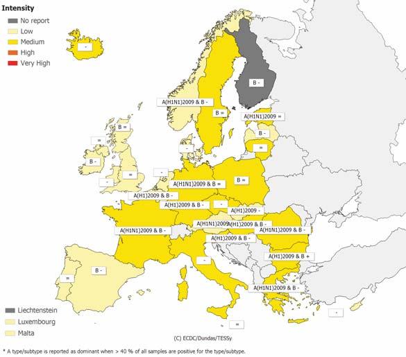 Η δραστηριότητα της γρίπης στην Ευρώπη Σύμφωνα με την τελευταία εβδομαδιαία έκθεση, που εκδίδεται από το Ευρωπαϊκό Κέντρο Πρόληψης και Ελέγχου Νόσων (ECDC) βάσει των δεδομένων που συλλέγονται από τις