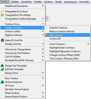 Τα σφάλματα της Εικόνας 4.14 μπορούν να διορθωθούν αν επιλεχτεί από τη γραμμή εντολών η εντολή Surface, στη συνέχεια Modify Contours και τέλος Edit Contours (Εικόνα 4.15). Εικόνα 4.