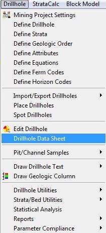 Επιλέγοντας Drillhole και στη συνέχεια Drillhole Data Sheet (Εικόνα 4.