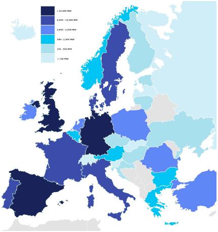 Η εγκατεστηµένη ισχύς της αιολικής ενέργειας στις χώρες της Ευρωπαικής Ένωσης έως το τέλος του 2013.