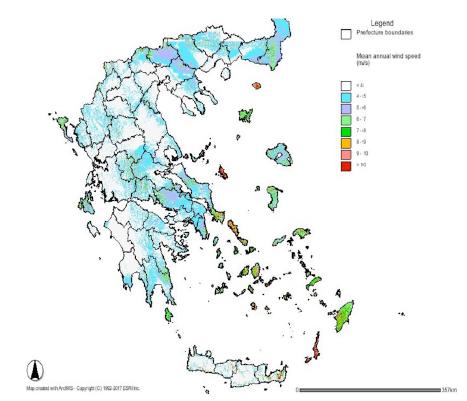 Αιολικός χάρτης της Ελλάδας 2.6 Ανεµογεννήτριες Οι ανεµογεννήτριες χωρίζονται σε ανεµογεννήτριες κάθετου και ανεµογεννήτριες οριζόντιου άξονα.