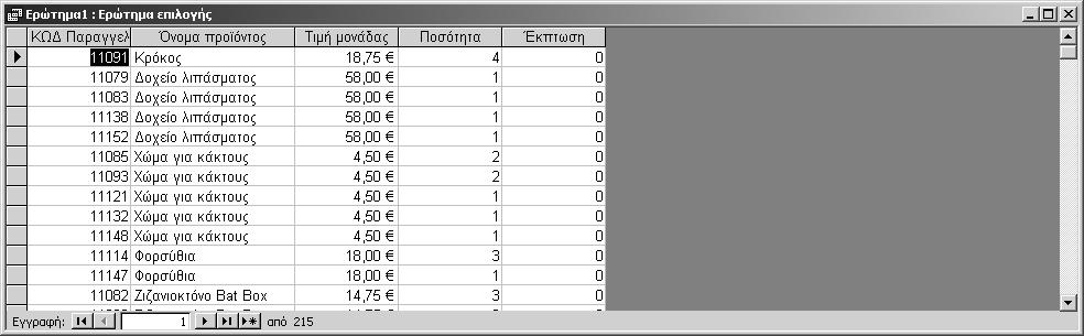 122 Ελληνική Microsoft Access 2002 Βήμα βήμα Εκτέλεση 6 Πατήστε στο κουμπί Εκτέλεση για να εκτελέσετε το ερώτημα και να εμφανιστούν τα αποτελέσματά του σε προβολή Φύλλου δεδομένων, όπως στην επόμενη