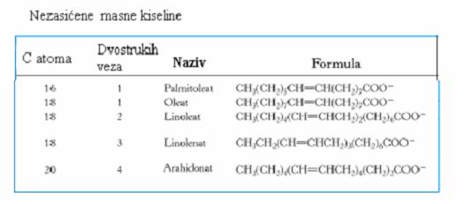 84 is konfiguracija je mnogo češća i važnija s biološkog aspekta. Oleinska kiselina je najrasprostranjenija nezasićena masna kiselina.