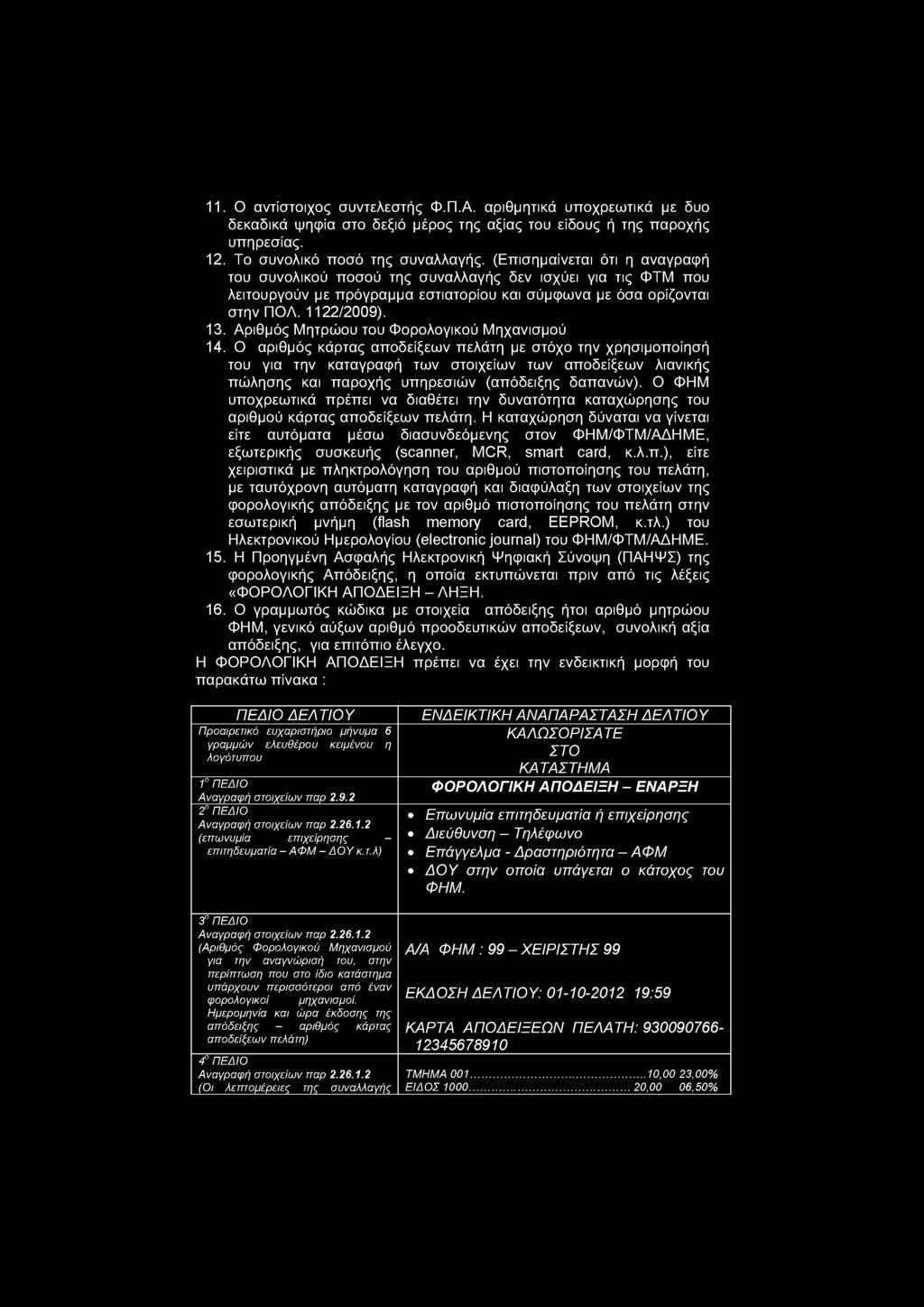 11. Ο αντίστοιχος συντελεστής Φ.Π.Α. αριθμητικά υποχρεωτικά με δυο δεκαδικά ψηφία στο δεξιό μέρος της αξίας του είδους ή της παροχής υπηρεσίας. 12. Το συνολικό ποσό της συναλλαγής.