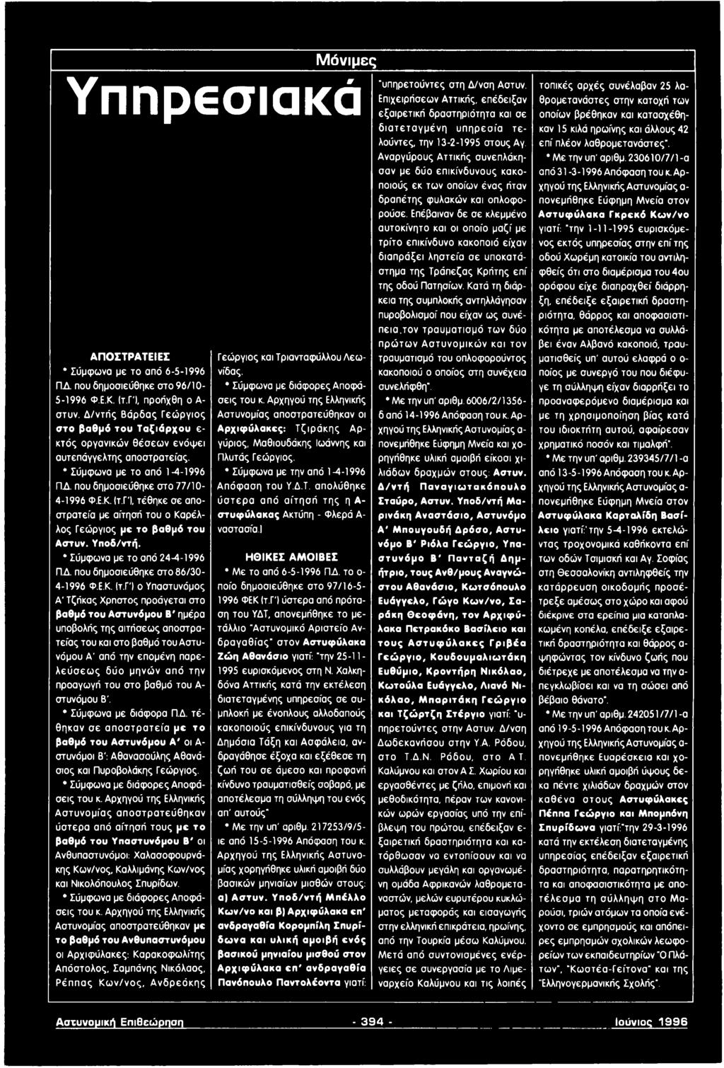 ΓΊ, τέθηκε σε αποστρατεία με αίτησή του ο Καρέλ- λος Γεώργιος με το βαθμό του Αστυν. Υποδ/ντή. * Σύμφωνα με το από 24-4-1996 ΠΑ. που δημοσιεύθηκε στο 86/30-4-1996 Φ.Ε.Κ. Ιτ.