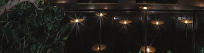 Many suspended light fixtures on the high-ceiling in the entrance add a lively mood to this transitional space.