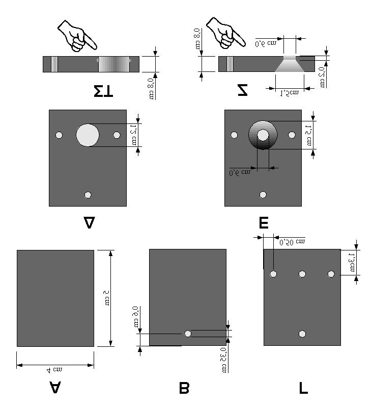 Ε ικόνα 1: Κατασκευή των πλακιδίων της διάταξης διάτμησης A: Αποκοπή από το φύλλο του ακετοπολυμερούς, τεμαχίων διαστάσεων 4 Χ 5 cm. B: Διανοίγεται η οπή έλξης σε όλα τα πλακίδια.
