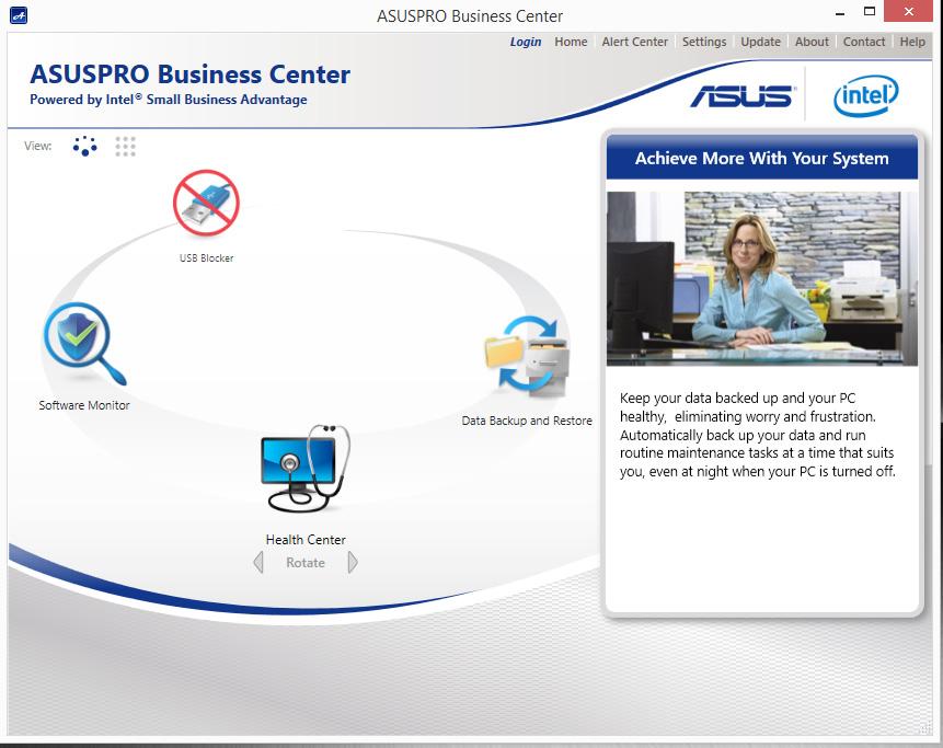 Αρχική οθόνη του ASUSPRO Business Center επιλογές μενού Κάντε κλικ σε κάποιο από αυτά