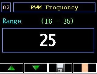 2)PWM Frequency Βήματα ρύθμισης συχνότητας PWM (ηλεκτροβαλβίδας). 1. Πιέστε το πλήκτρο ρυθμίσεων, πάνω δεξία στην οθόνη (εικονίδιο εργαλεία). 2. Προχωρήστε στην επιλογή με αριθμό 02. 3.