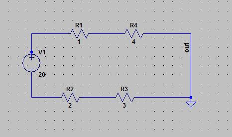 ПРИМЕР На основу једноставног кола, показаћемо принцип рада програма : Потребно је урадити симулацију кола које садржи напонски извор од 20V и отпорнике R1=1Ω, R2=2Ω, R3=3Ω, R4=4Ω.