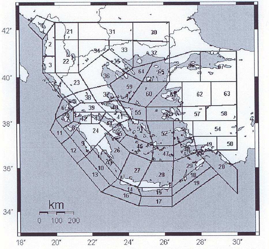 Σχήµα 5.3. Χάρτης σεισµικών πηγών επιφανειακών σεισµών της Ελλάδας και των γύρω περιοχών (Papazachos & Papaioannou, 1997).