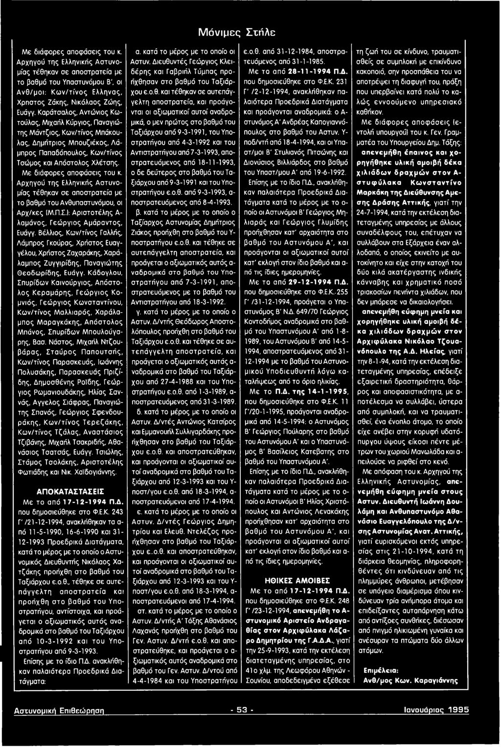 και τέθηκαν σε αυτεπάγ- Γ' /2-12-1994, ανακλήθηκαν πα που υπερβαίνει κατά πολύ το κα Χρηστός Ζάκης, Νικόλαος Ζώης, γελτη αποστρατεία, και προάγο- λαιότερα Προεδρικό Διατάγματα λώς εννοούμενο υπ