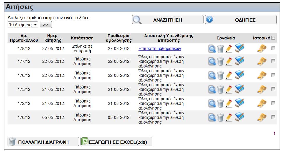 Στιγμιότυπο οθόνης διαχείρισης αιτήσεων 3.1.