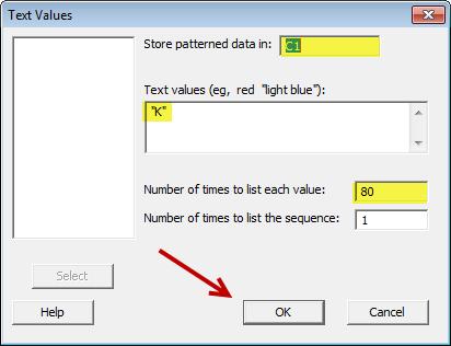 Εικόνα 43 - Calc > Make Patterned Data > Test Values ( Επειδή «20 ελαττωματικά και 80 κανονικά» είναι ταυτόσημο με «1 ελαττωματικό και 4 κανονικά» μπορούμε να απλουστεύσουμε την συνάρτηση υπολογισμού