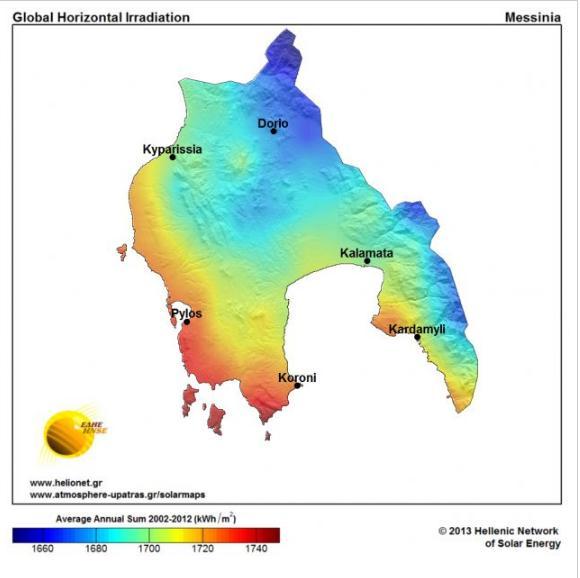 Στους επόμενους χάρτες βλέπουμε την ολική αλλά και την άμεση ηλιακή ενέργεια που προσπίπτει στον νομό Μεσσηνίας. ΕΙΚΟΝΑ 42 : Ολική ηλιακή ενέργεια νομού Μεσσηνίας.( Πηγή : http://atmosphere-upatras.