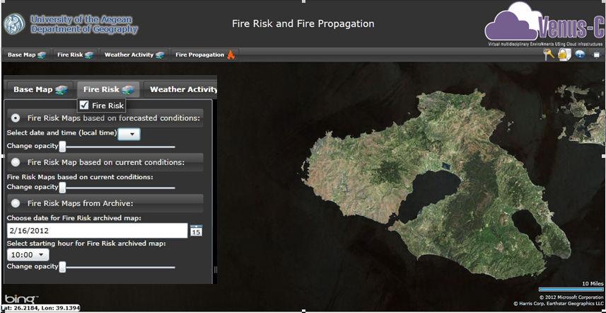 Εικόνα 3. Αρχική οθόνη και επιλογές χάρτη κινδύνου έναρξης πυρκαγιάς. Εικόνα 4. Χάρτης κινδύνου έναρξης πυρκαγιάς από το αρχείο (26/08/2011-12:00).