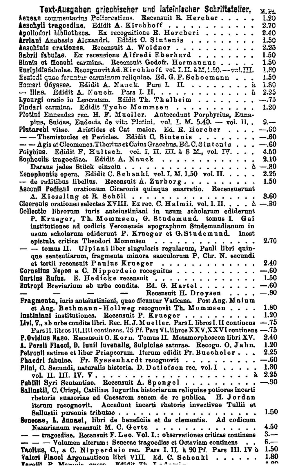 Text-Ausgaben griechischer und lateinischer Schriftsteller. ieceie commentarins Polioreeticns. Recensnit R. Hercher 1.20 Aesohyll tragosdiae. Edidit A. Kirchhoft* 2.