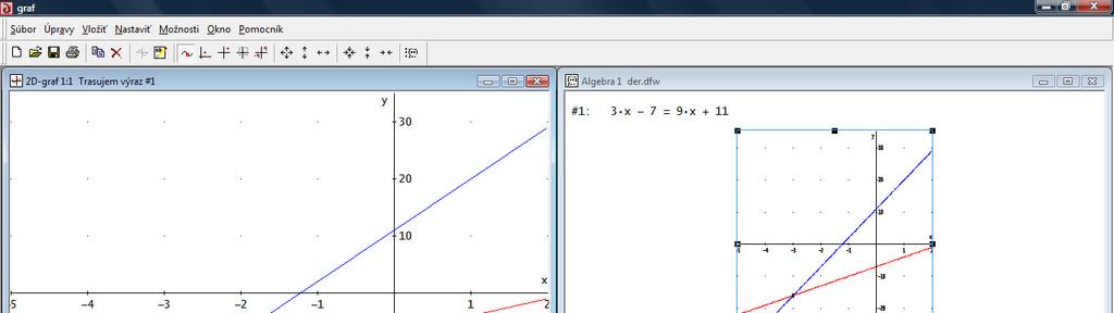 Úloha 3.2: Riešte graficky rovnicu 3x-7=9x+11. Rovnicu najprv napíšeme do príkazového riadka a použijeme tlačidlo zadať. V rovnici v #1 vyznačíme len jej ľavú stranu tak, ako to vidíme na Obrázku 20.