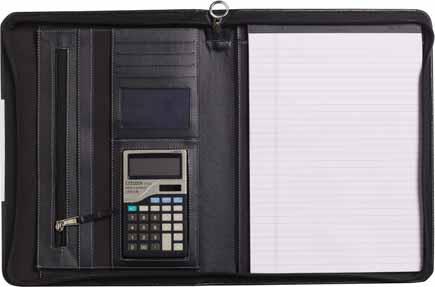 BUSINESS FOLDERS Fine artificial leather case with zipper for A4 diary. Calculator and notepad are included. Θήκη από εξαιρετικής ποιότητας δερματίνη με φερμουάρ, για ημερολόγιο Α4.