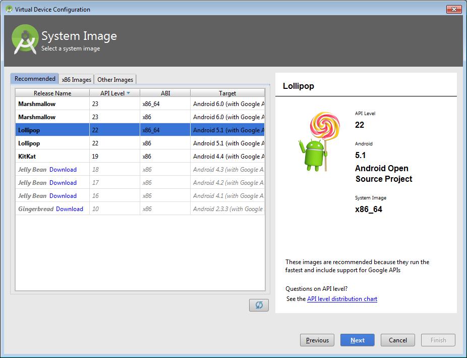 λειτουργικό σύστημα 64bit, επιλέξτε Lollipop API 22