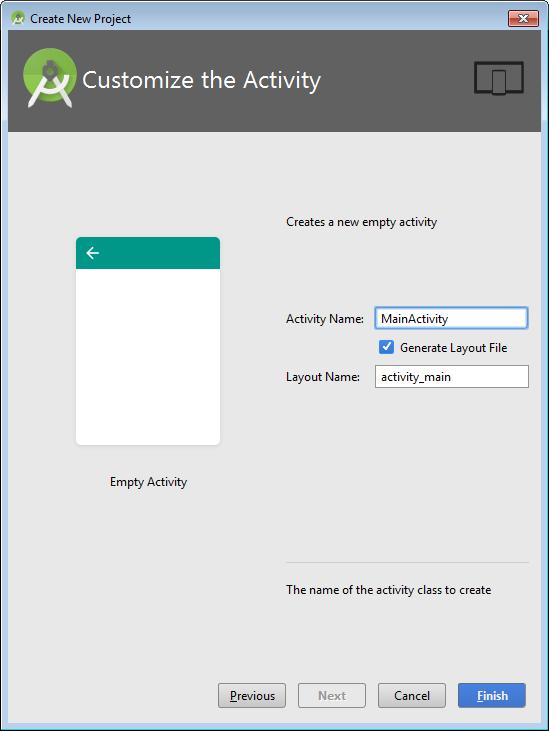 Τελευταίο βήμα πριν ανοίξει το κυρίως περιβάλλον του Android Studio, είναι να ορίσουμε τα ονόματα για το Activity και το Layout Αφήστε το Default και πατήστε Τέλος για να ξεκινήσει το κυρίως