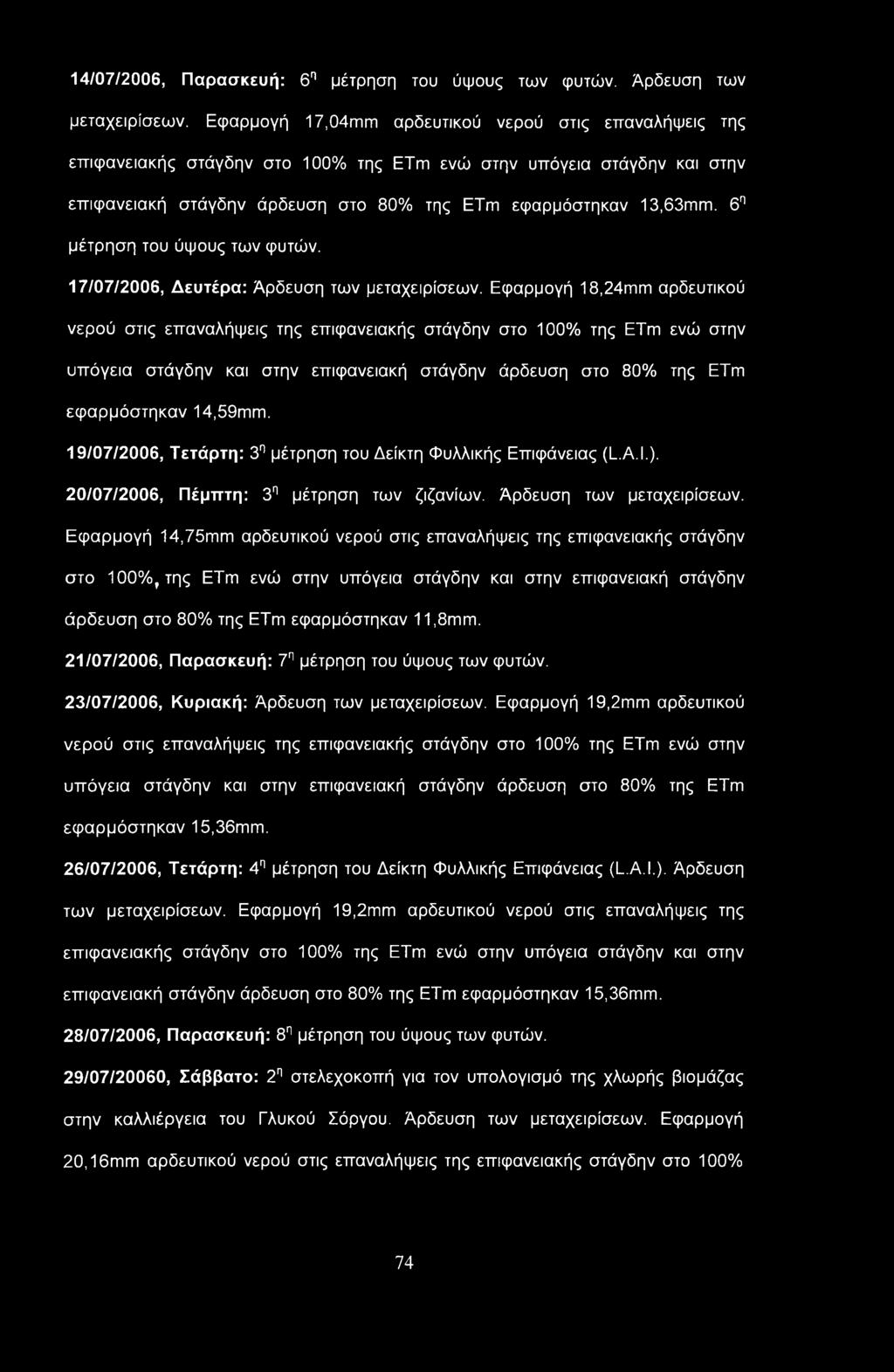 6η μέτρηση του ύψους των φυτών. 17/07/2006, Δευτέρα: Άρδευση των μεταχειρίσεων.