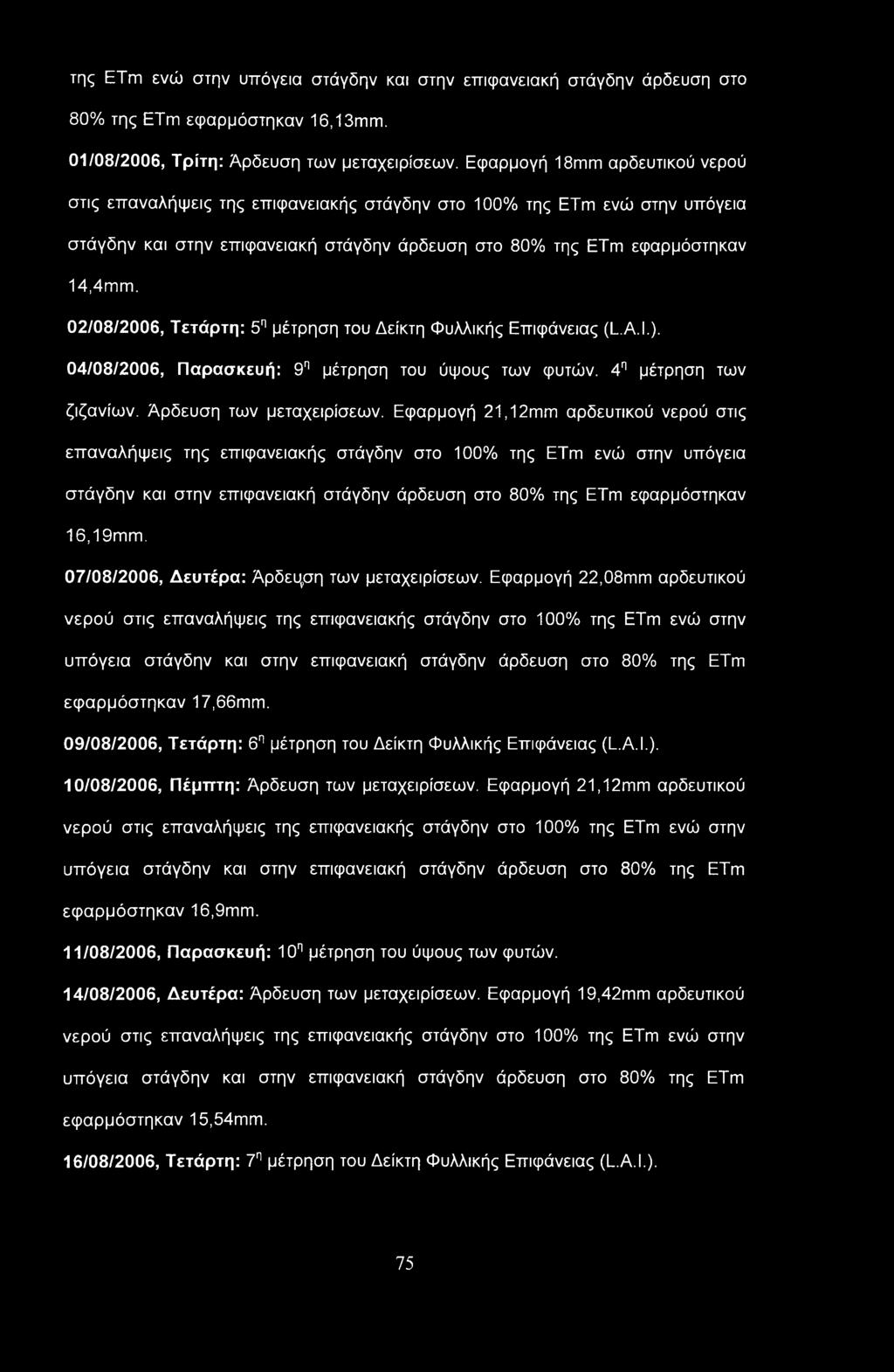 02/08/2006, Τετάρτη: 5η μέτρηση του Δείκτη Φυλλικής Επιφάνειας (L.A.I.). 04/08/2006, Παρασκευή: 9η μέτρηση του ύψους των φυτών. 4η μέτρηση των ζιζανίων. Άρδευση των μεταχειρίσεων.