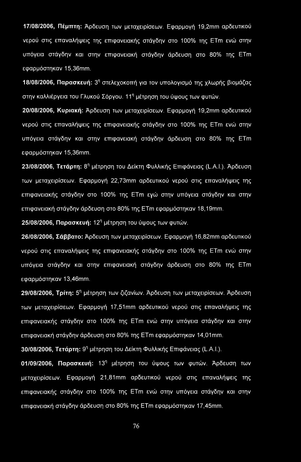 18/08/2006, Παρασκευή: 3η στελεχοκοπή για τον υπολογισμό της χλωρής βιομάζας στην καλλιέργεια του Γλυκού Σόργου. 11η μέτρηση του ύψους των φυτών. 20/08/2006, Κυριακή: Άρδευση των μεταχειρίσεων.