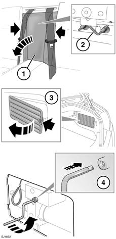 Πτυσσόμενη οροφή Αφαιρέστε το κεντρικό τμήμα του πίσω καθίσματος (1) τραβώντας δυνατά τις πλευρές του τμήματος. Εντοπίστε και αφαιρέστε το κλειδί άλεν (2).