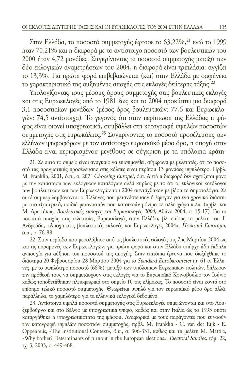 ΟΙ ΕΚΛΟΓΕΣ ΔΕΥΤΕΡΗΣ ΤΑΞΗΣ ΚΑΙ ΟΙ ΕΥΡΩΕΚΛΟΓΕΣ ΤΟΥ 2004 ΣΤΗΝ ΕΛΛΑΔΑ 135 Στην Ελλάδα, το ποσοστό συμμετοχής έφταοε το 63,22%,21 ενώ το 1999 ήταν 70,21% και η διαφορά με το αντίστοιχο ποσοστό των